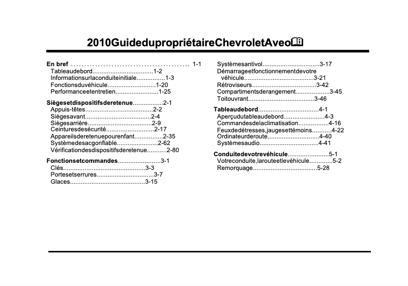Page 1 de la notice Manuel utilisateur Chevrolet Aveo (2010)