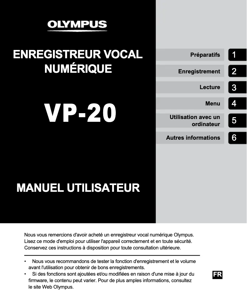 Page 1 de la notice Manuel utilisateur Olympus VP-20