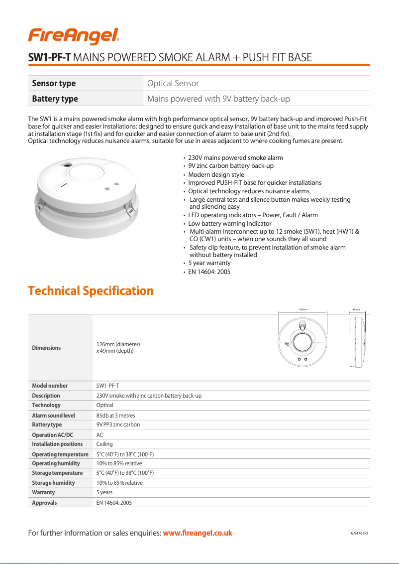 Page 1 de la notice Fiche technique FireAngel SW1-PF-T