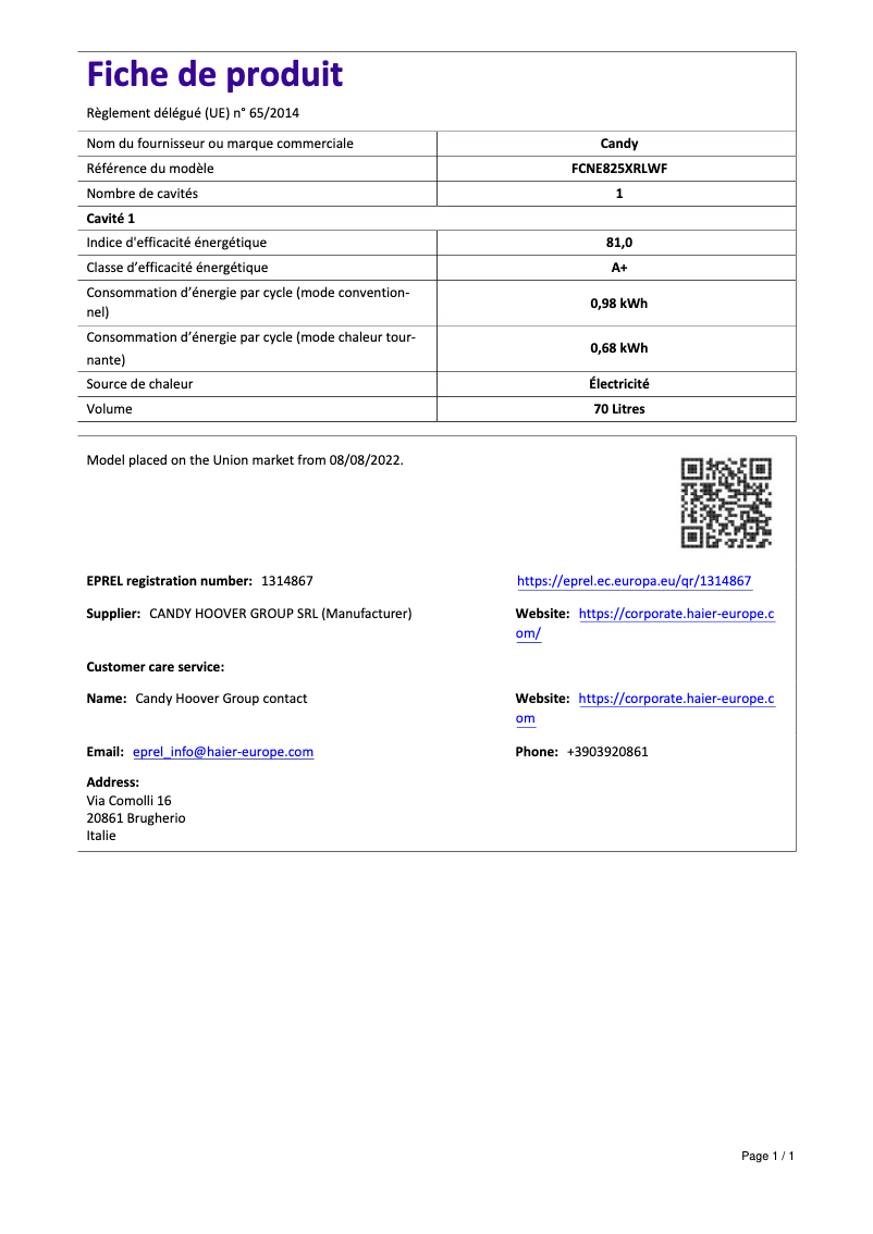 Page n°1 - Manuel utilisateur Candy FCNE825XRLWF