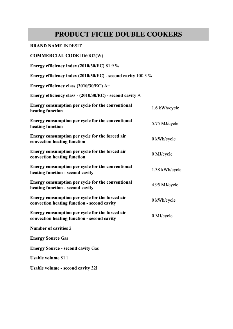Page 1 de la notice Instructions / montage Indesit ID60G2(W)