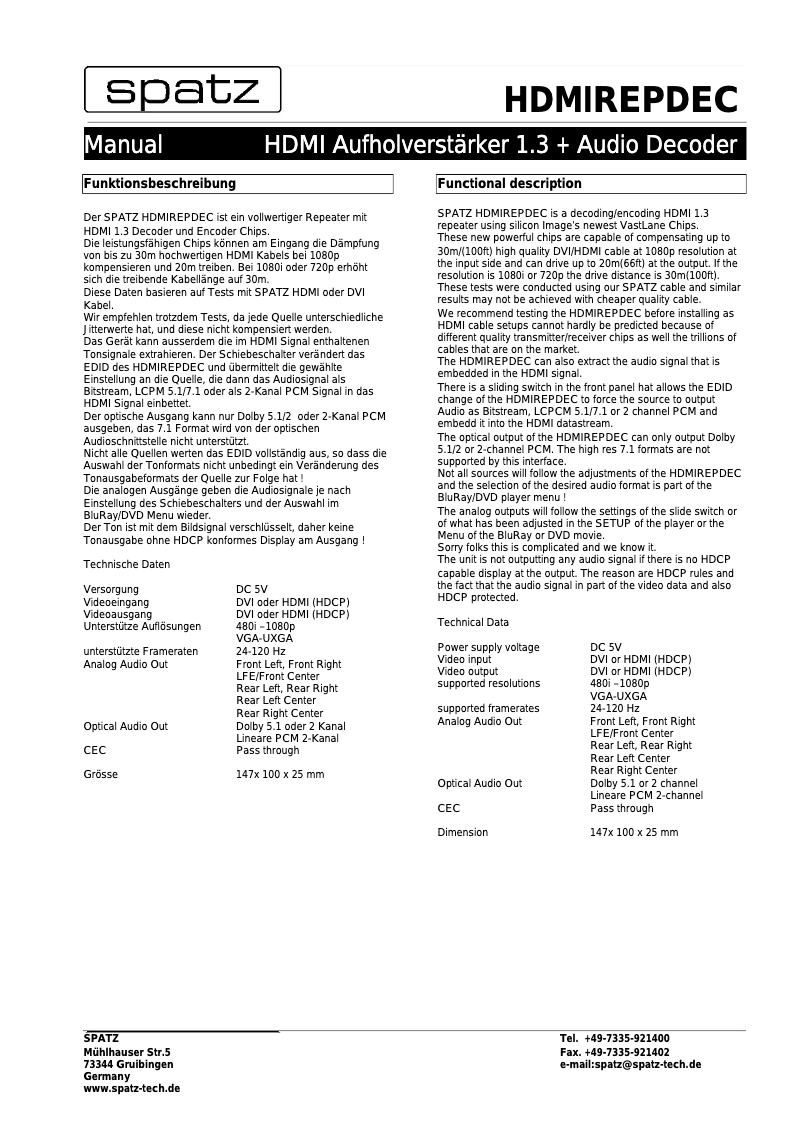 Image de la première page du manuel de l'appareil HDMIREPDEC