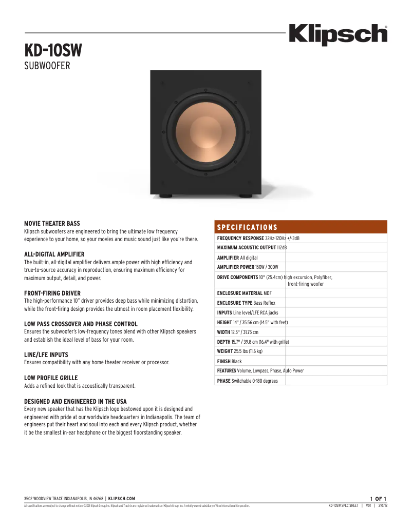Page 1 de la notice Fiche technique Klipsch KD-10SW