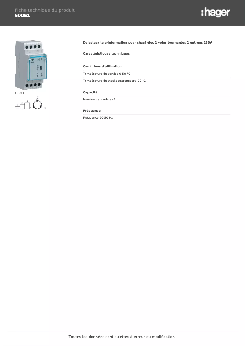 Page 1 de la notice Fiche technique Hager 60051