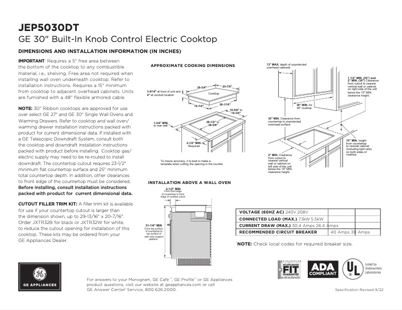 Página 1 del manual Ficha técnica GE JEP5030DTBB