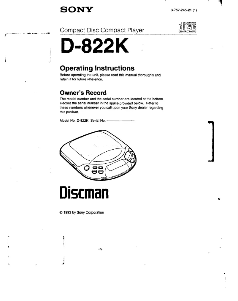 Image de la première page du manuel de l'appareil Discman D-822K
