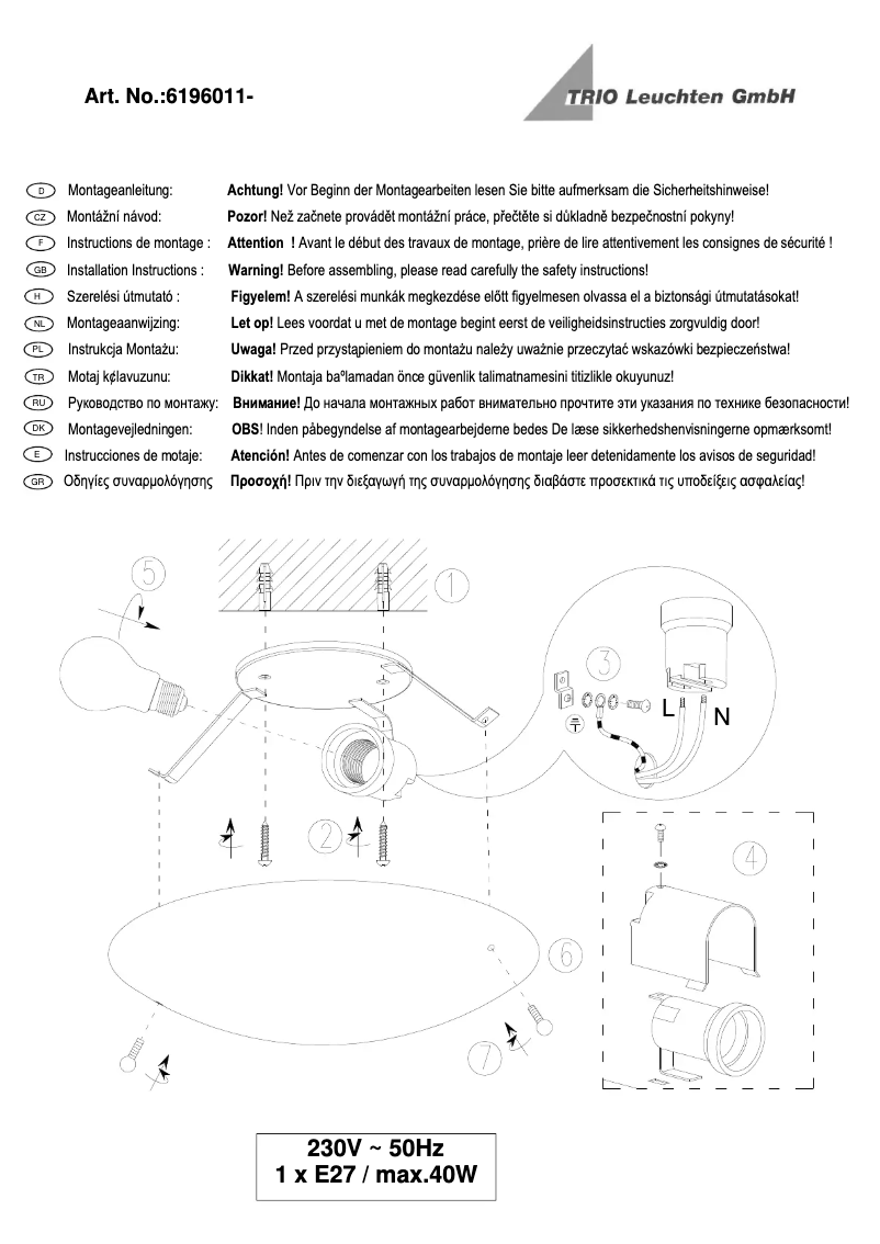 Page 1 de la notice Manuel utilisateur Trio Lighting Lana 6196011-01