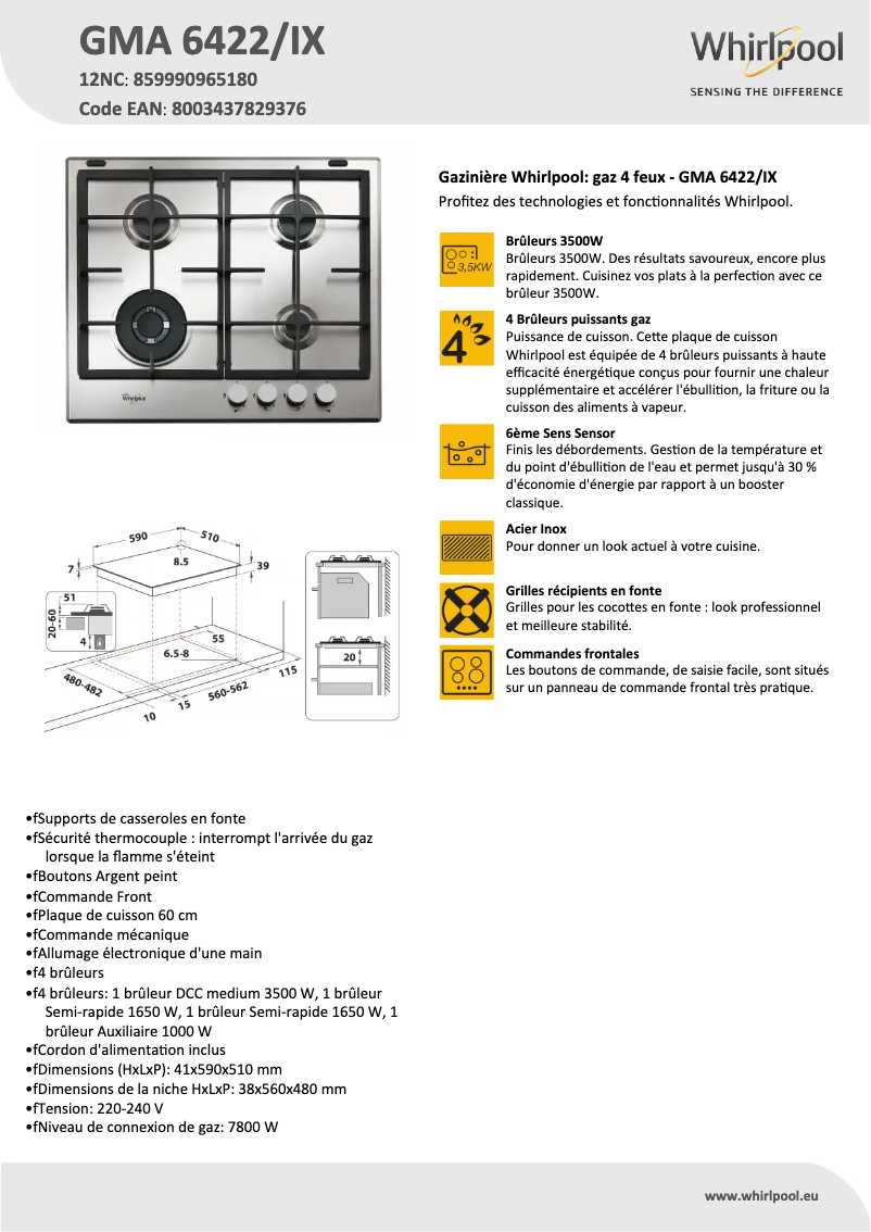 Page 1 de la notice Fiche technique Whirlpool GMA 6422/IX