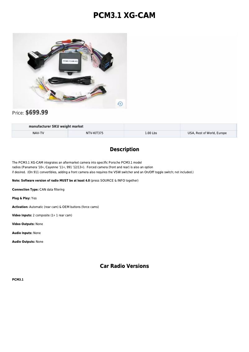 Page n°1 - Fiche technique NAV-TV NVT-KIT375