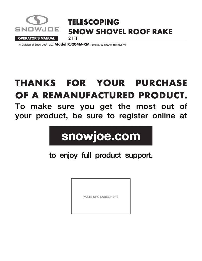 Page 1 de la notice Manuel utilisateur Snow Joe RJ204M-RM