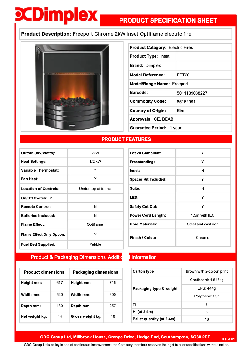 Page n°1 - Fiche technique Dimplex FPT20BN