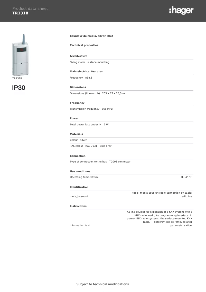 Page n°1 - Fiche technique Hager TR131B