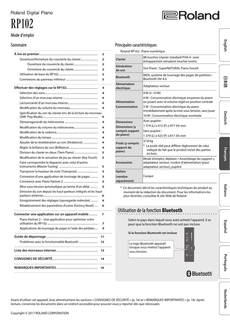 Page 1 de la notice Manuel utilisateur Roland RP102