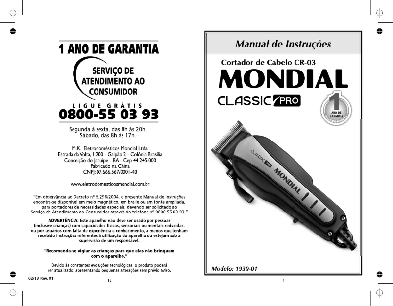 Page 1 de la notice Manuel utilisateur Mondial Classic Pro CR-03