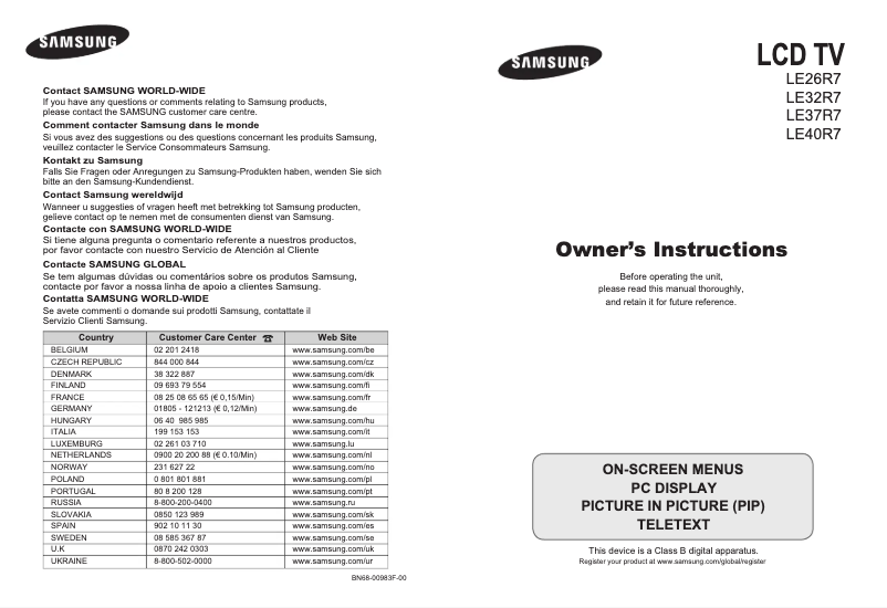 Page 1 de la notice Manuel utilisateur Samsung LE40R76B