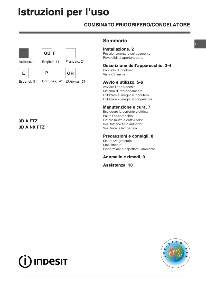 Page 1 de la notice Manuel utilisateur Indesit 3D A NX FTZ