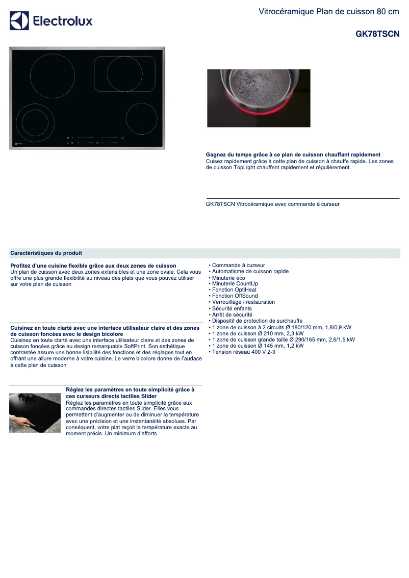 Page 1 de la notice Fiche technique Electrolux GK78TSCN