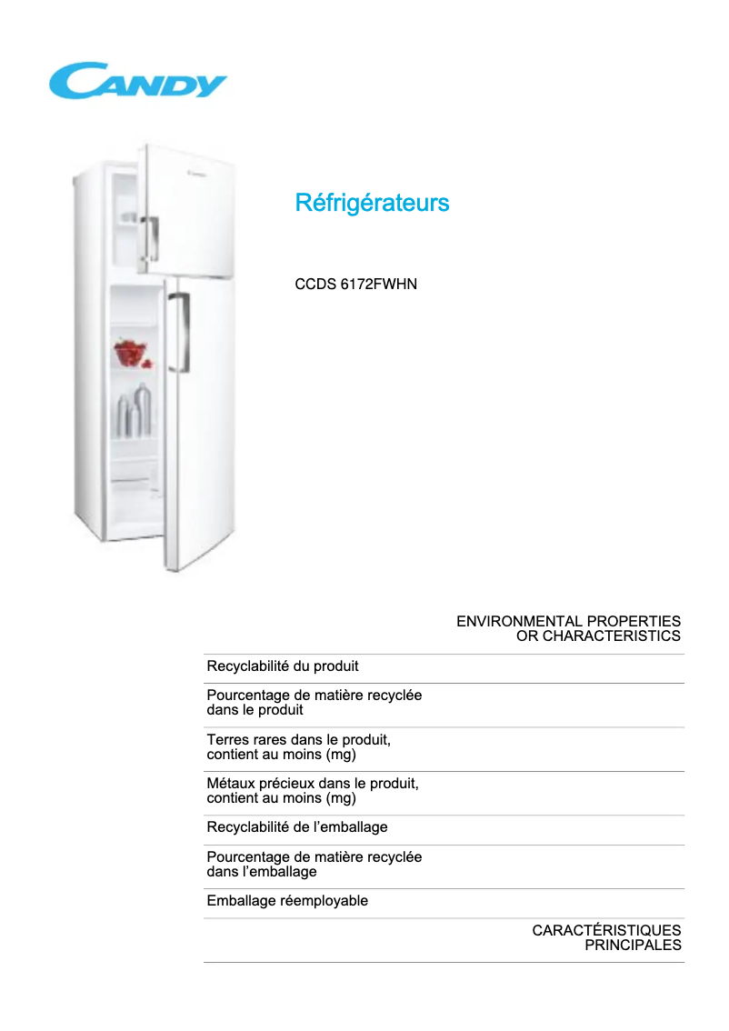 Page 1 de la notice Fiche technique Candy CCDS 6172FWHN