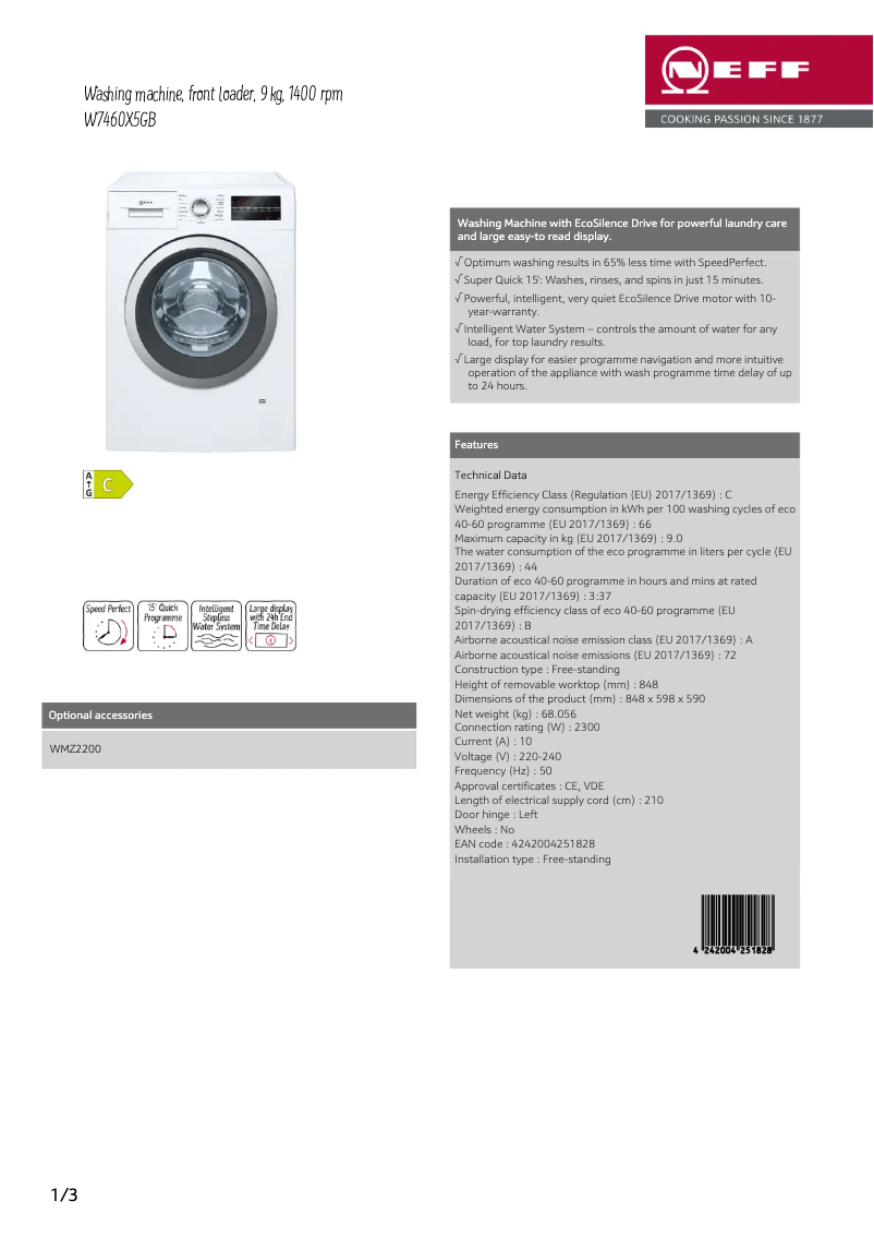 Page 1 de la notice Fiche technique Neff W7460X5GB