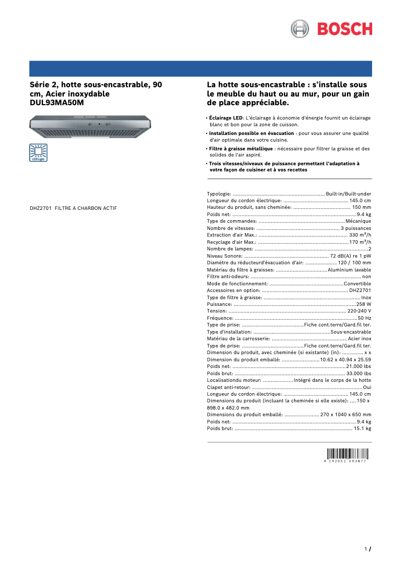 Page 1 de la notice Fiche technique Bosch DUL93MA50M