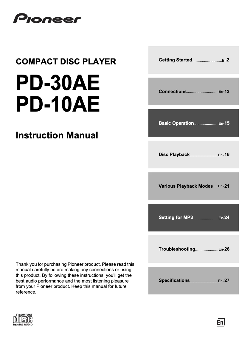 Page 1 de la notice Manuel utilisateur Pioneer PD-10AE-B