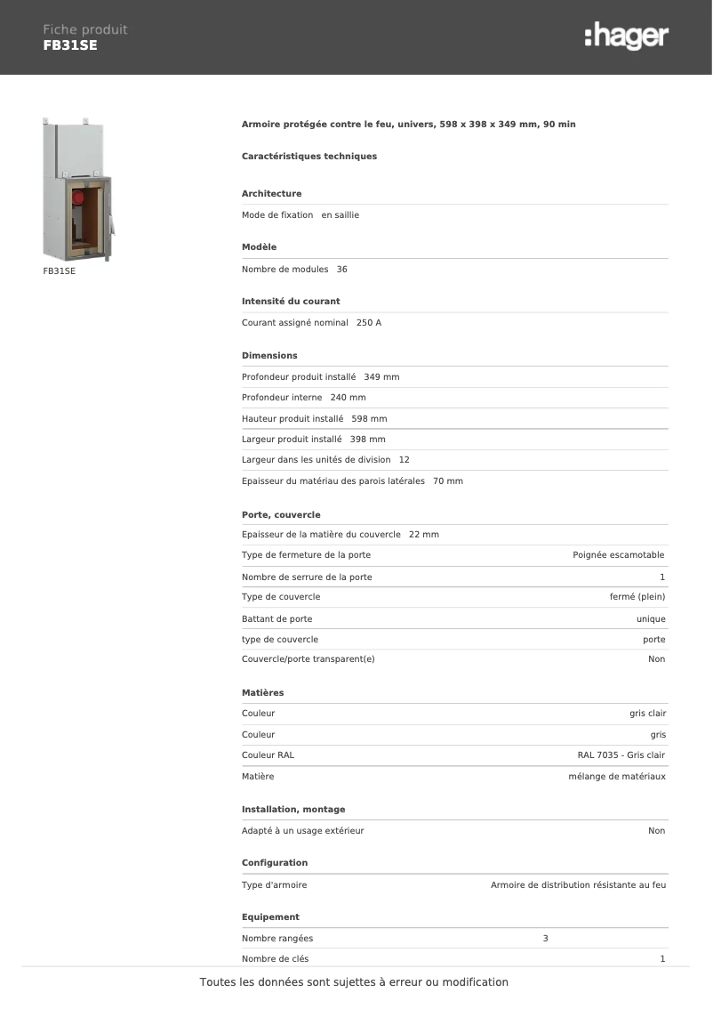 Page n°1 - Fiche technique Hager FB31SE