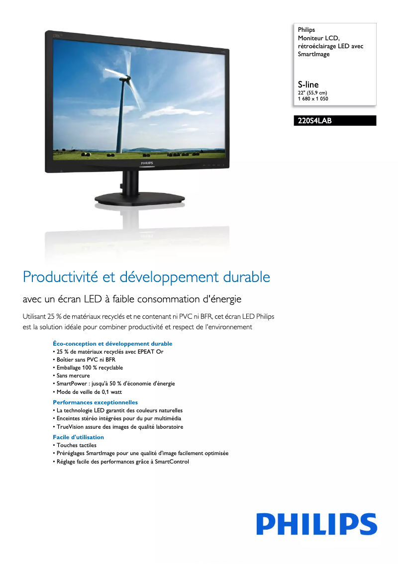 Page 1 de la notice Fiche technique Philips Brilliance 220S4LAB
