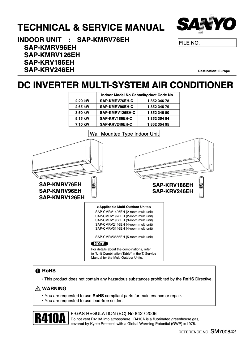 Page n°1 - Manuel utilisateur Sanyo SAP-KRV186EH