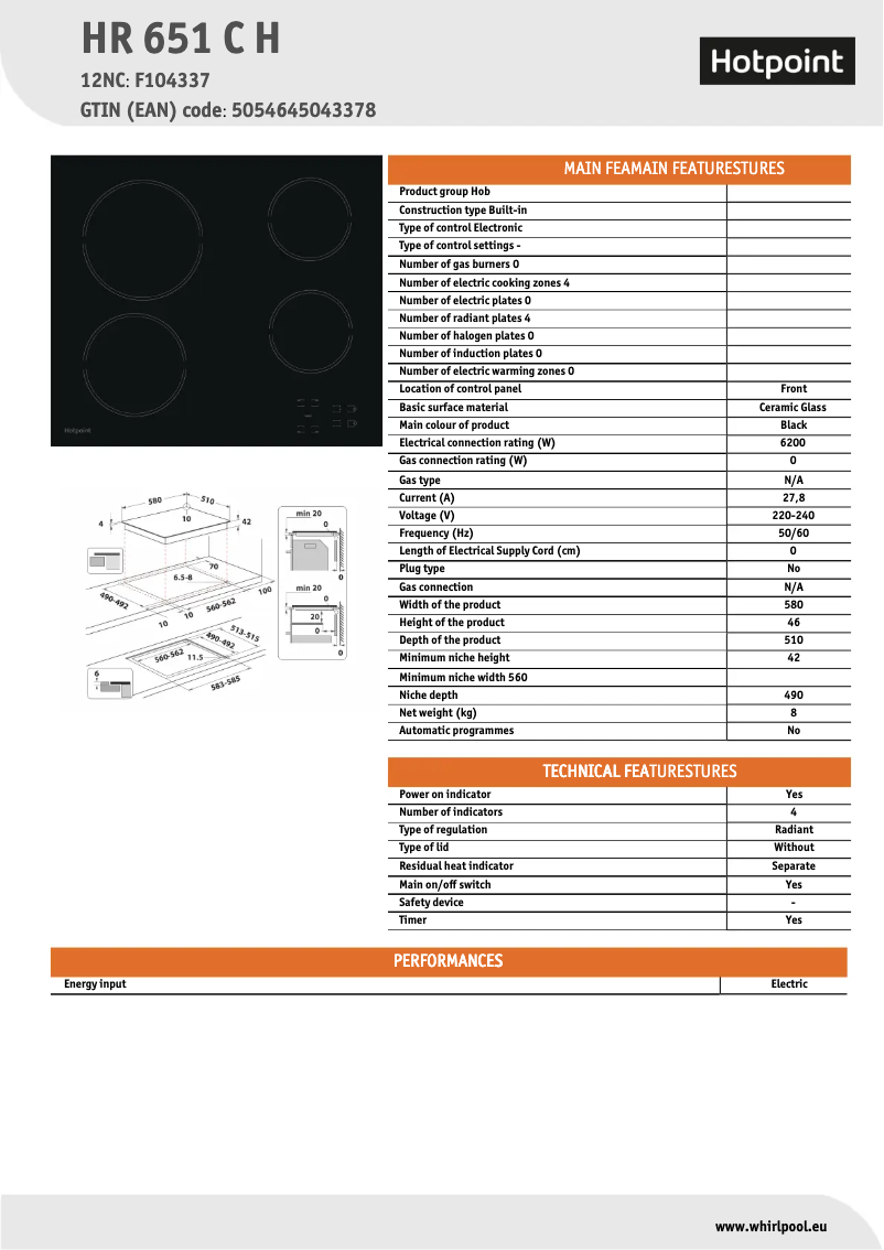 Page 1 de la notice Fiche technique Hotpoint HR 651 C H