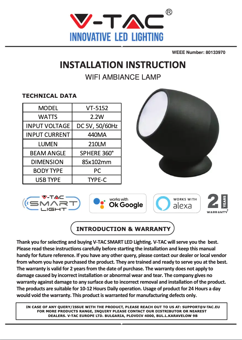Page 1 de la notice Manuel utilisateur V-TAC VT-5152