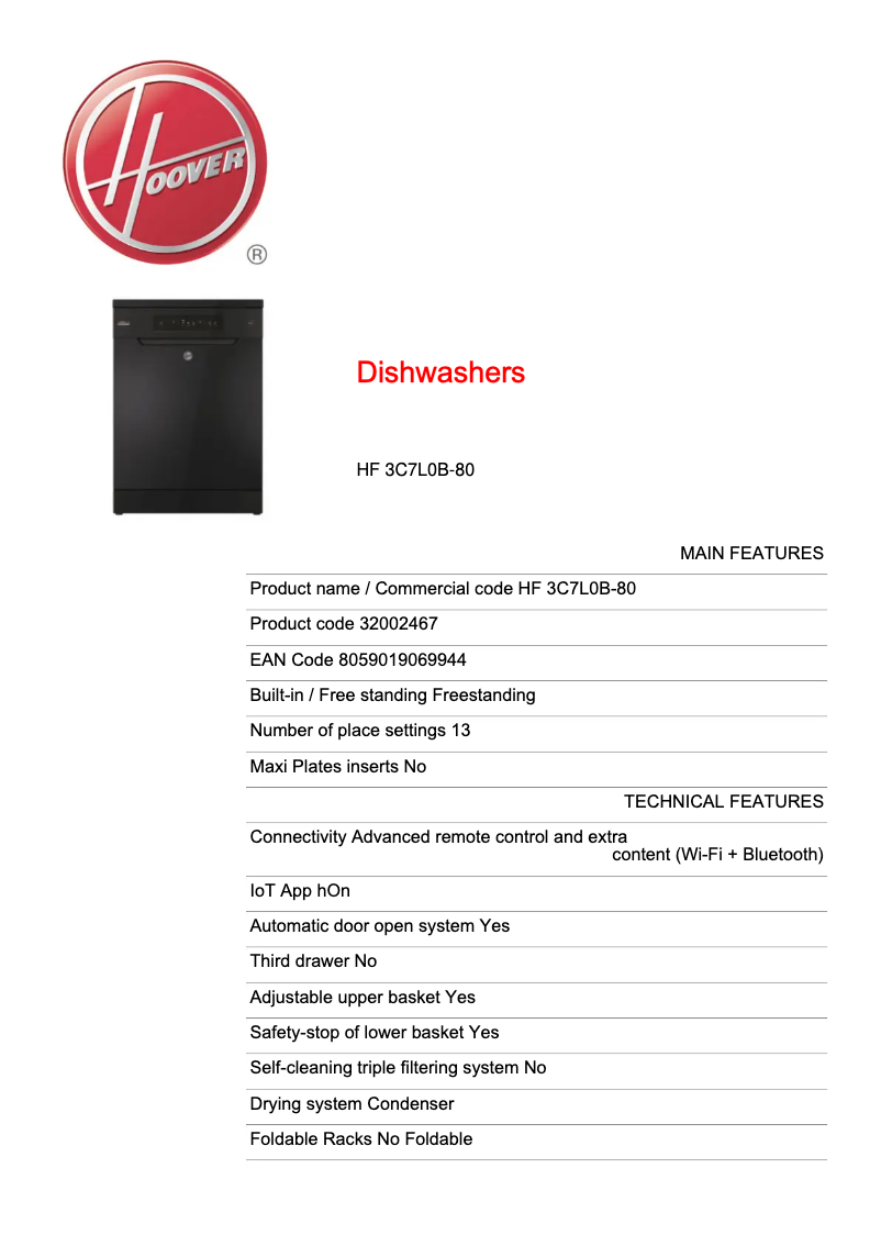 Página 1 del manual Ficha técnica Hoover H-DISH 300 HF 3C7L0B