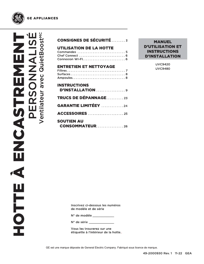 Page 1 de la notice Manuel utilisateur Monogram UVC9480SLSS