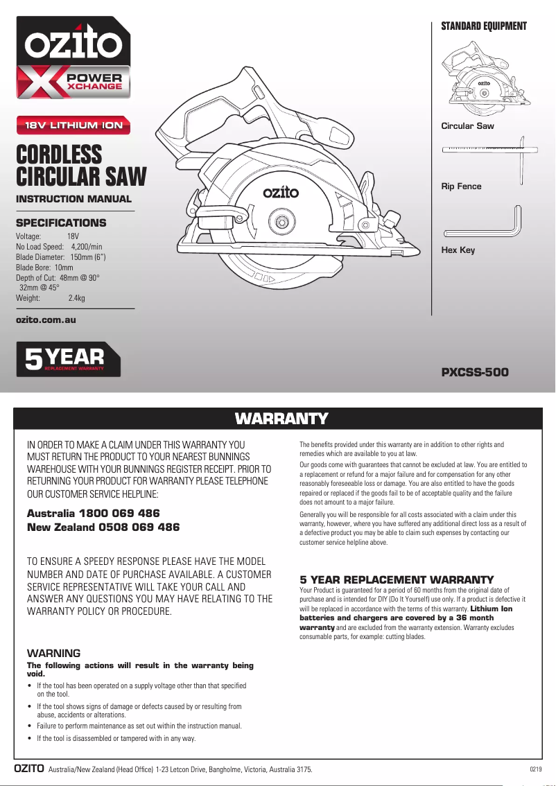 Page 1 de la notice Manuel utilisateur Ozito PXCSS-500