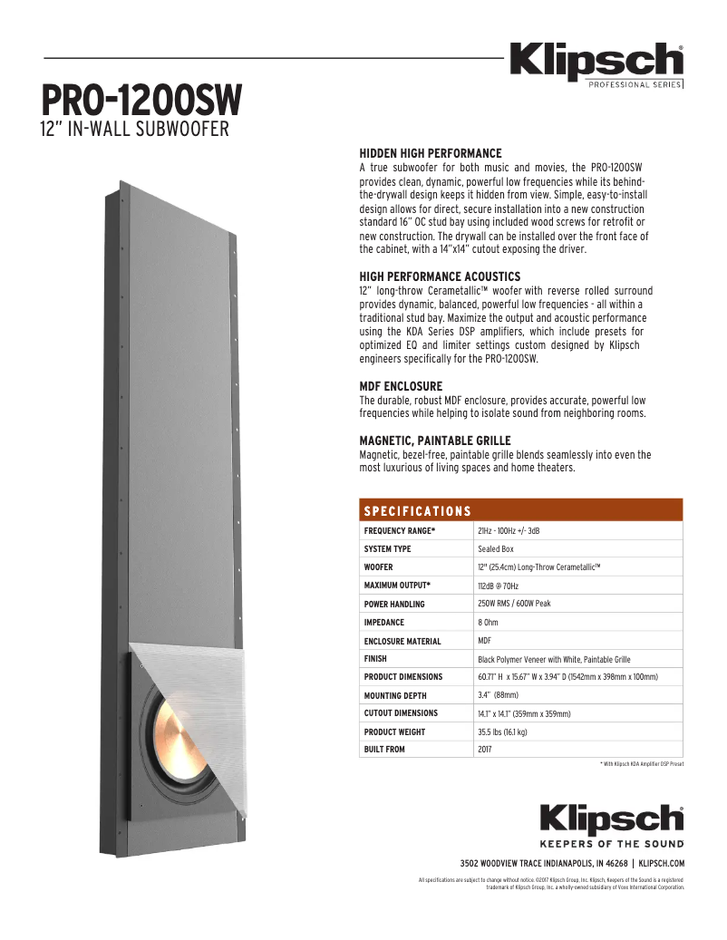 Page n°1 - Fiche technique Klipsch PRO-1200SW