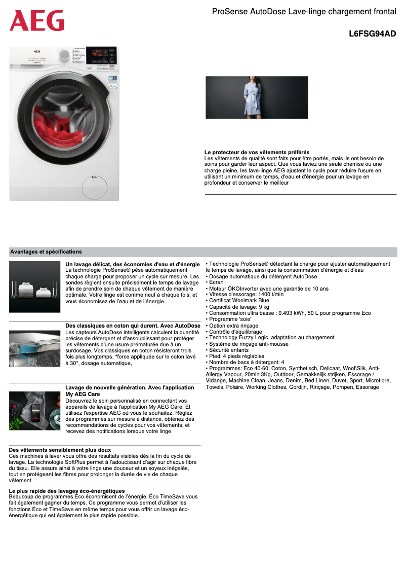 Page n°1 - Fiche technique AEG L6FSG94AD