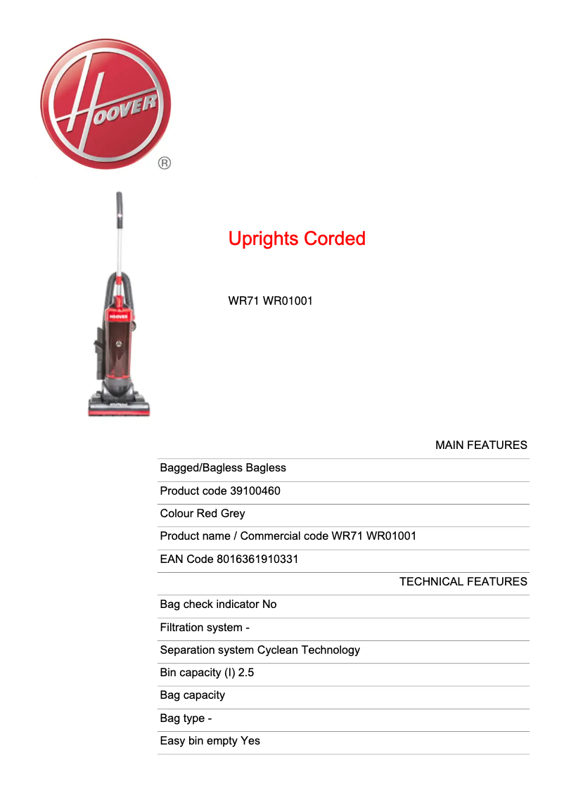 Página 1 del manual Ficha técnica Hoover Whirlwind WR71 WR01001