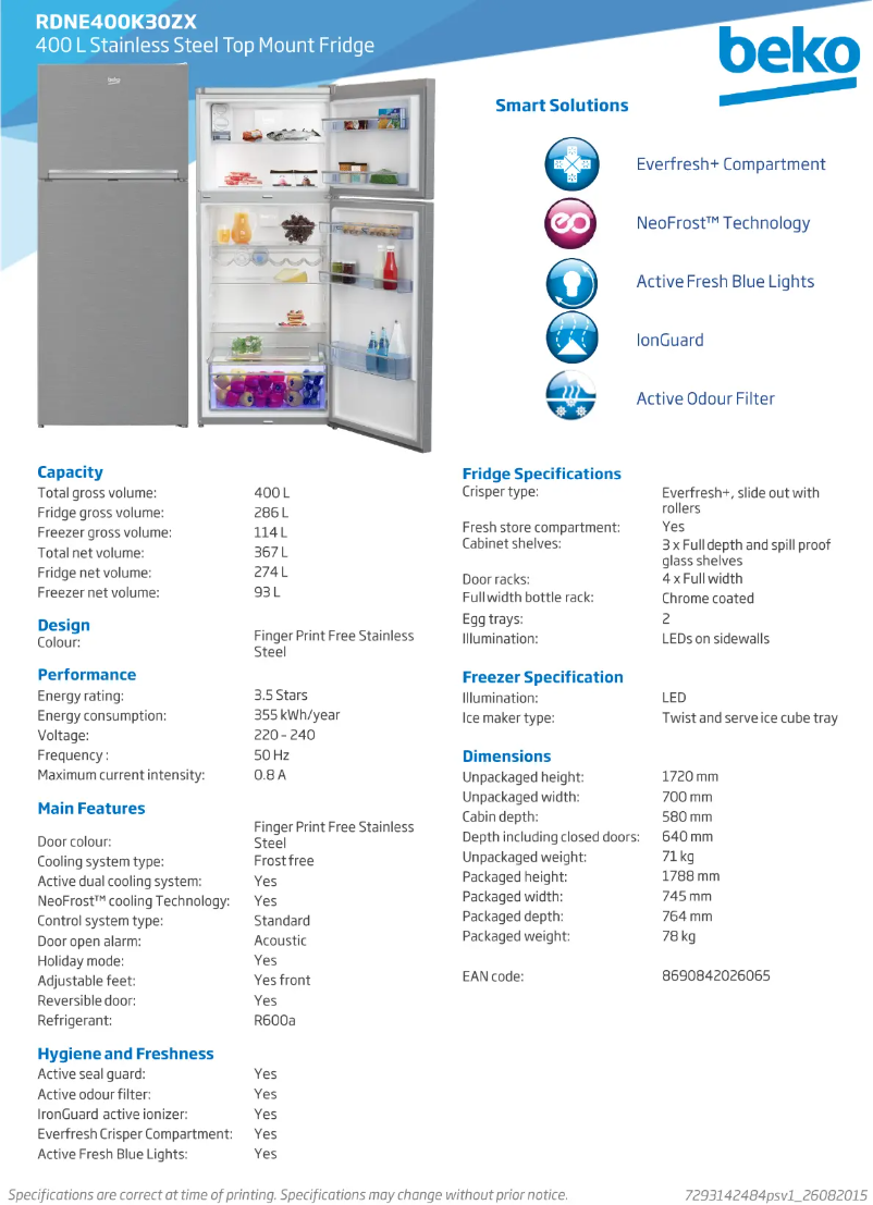 Page 1 de la notice Fiche technique Beko RDNE400K30ZX