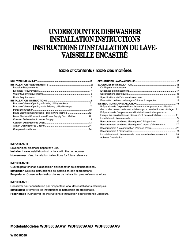 Page 1 of the manual Installation Guide Whirlpool WDF550SAF