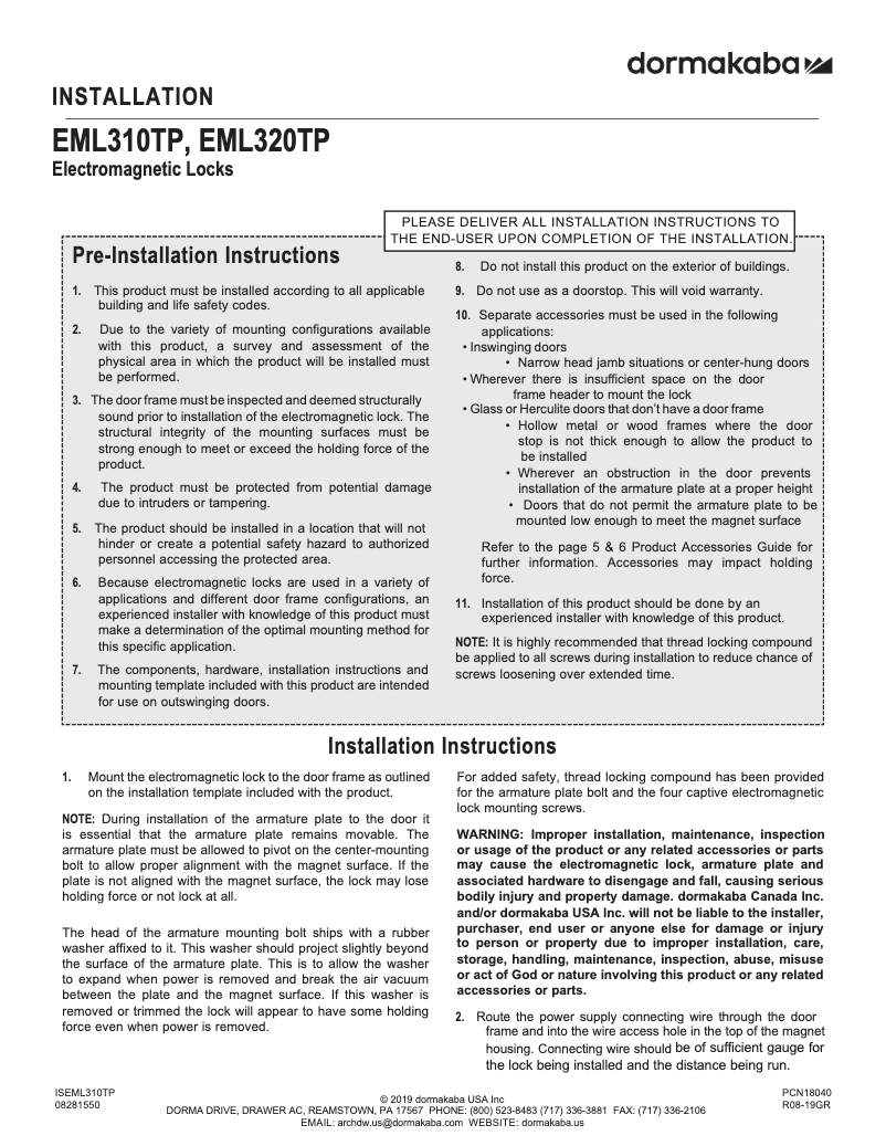 Page n°1 - Manuel utilisateur Dormakaba EMLTP