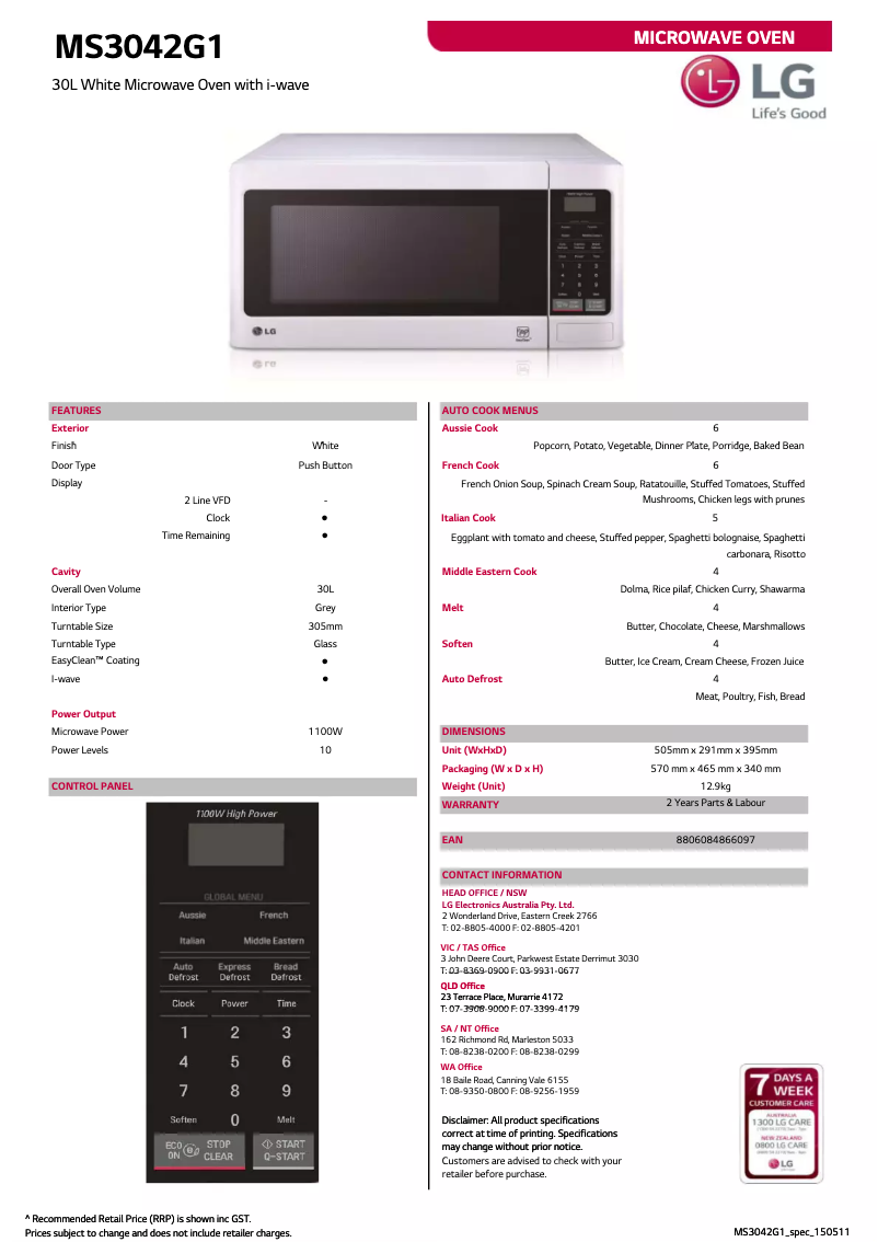 Página 1 del manual Ficha técnica LG MS3042G1