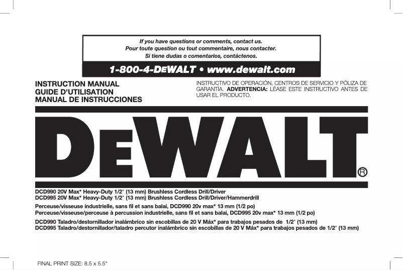 Page 1 de la notice Manuel utilisateur DeWalt DCD990