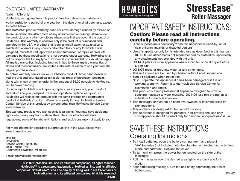 Page 1 de la notice Manuel utilisateur Homedics PM-4