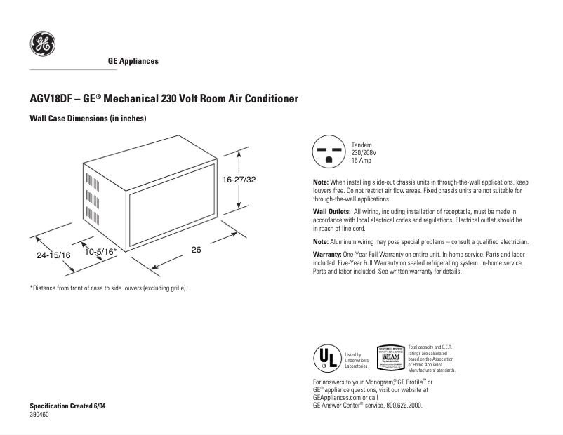 Page 1 de la notice Fiche technique GE AGV18DF