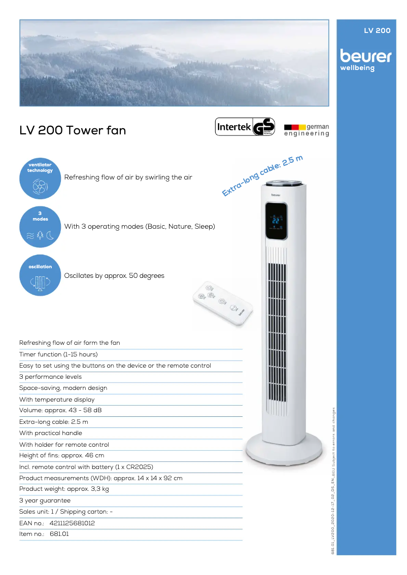 Page 1 de la notice Fiche technique Beurer LV 200