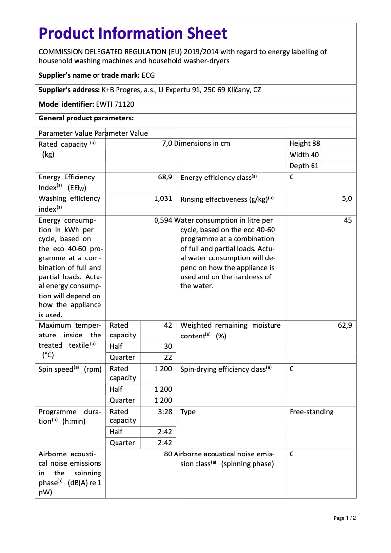 Page 1 de la notice Fiche technique ECG EWTI 71120