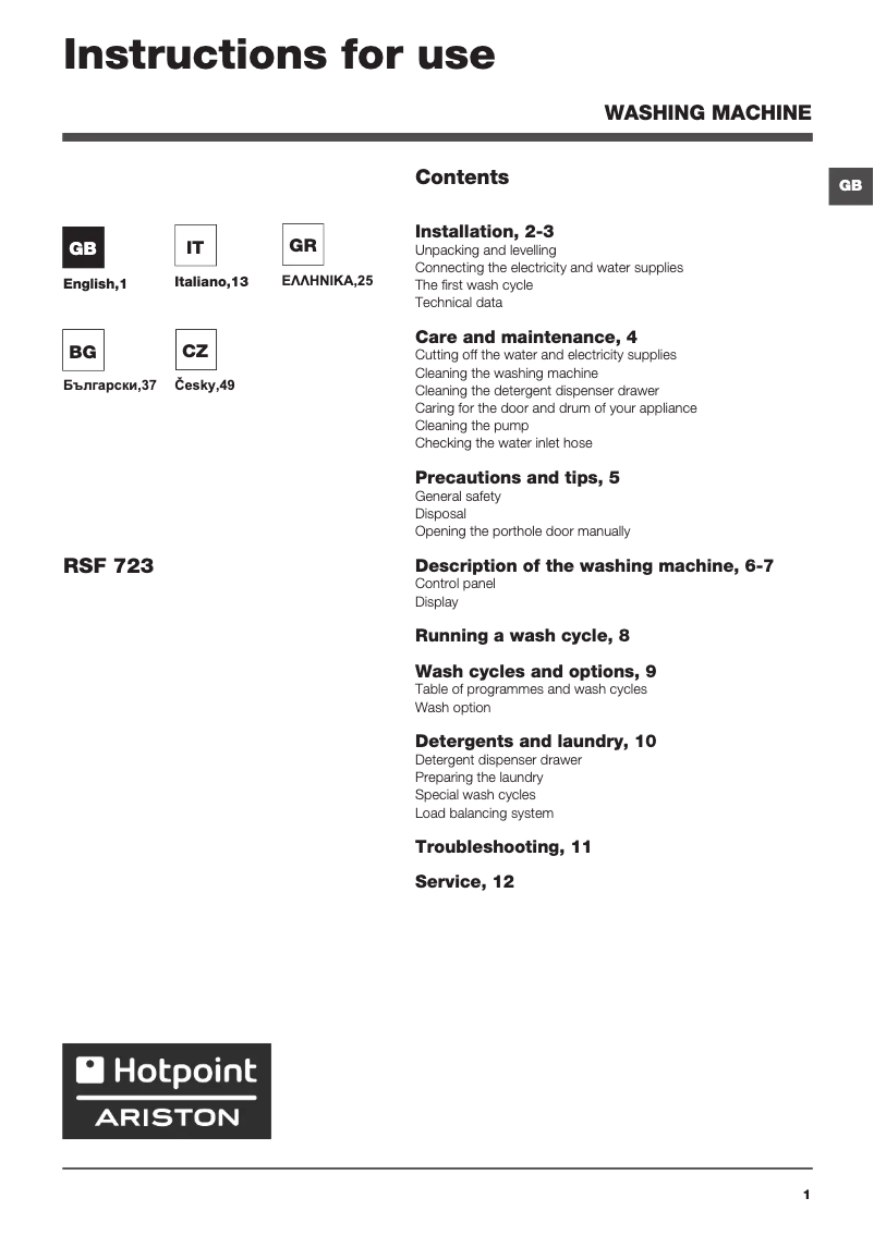 Page n°1 - Manuel utilisateur Hotpoint Ariston RSF 723 EU