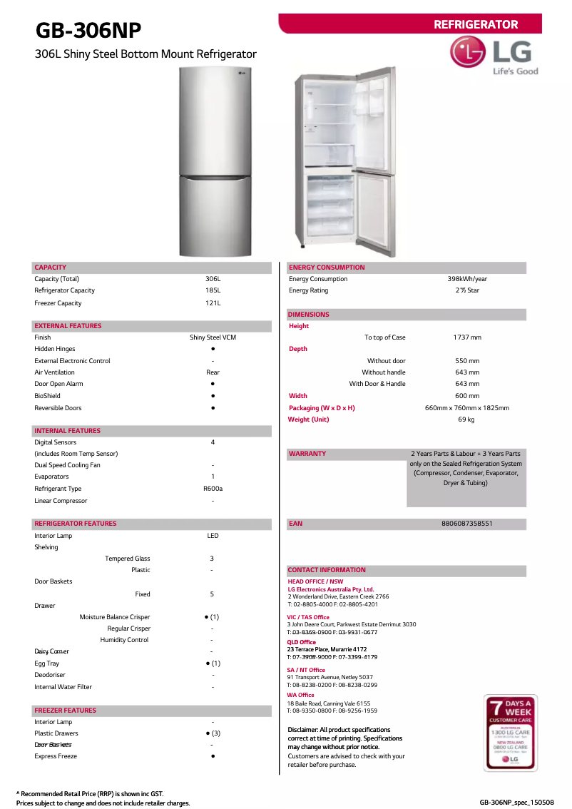 Página 1 del manual Ficha técnica LG GB-306NP