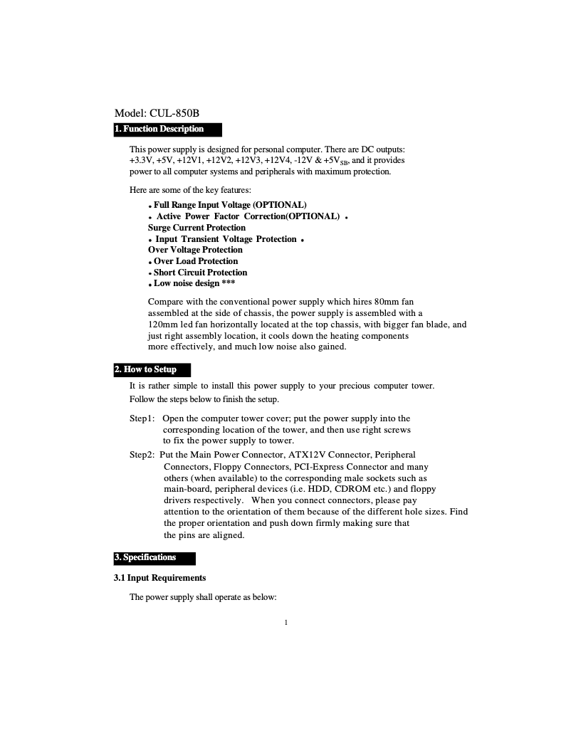 Page n°1 - Manuel utilisateur CoolMax CUL-850B