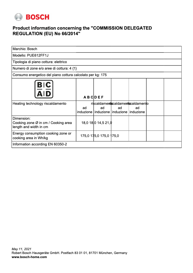 Page 1 de la notice Fiche technique Bosch PUE612FF1J