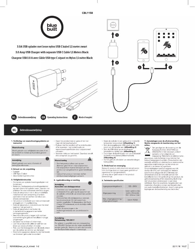 Page 1 de la notice Manuel utilisateur BlueBuilt CBL1158